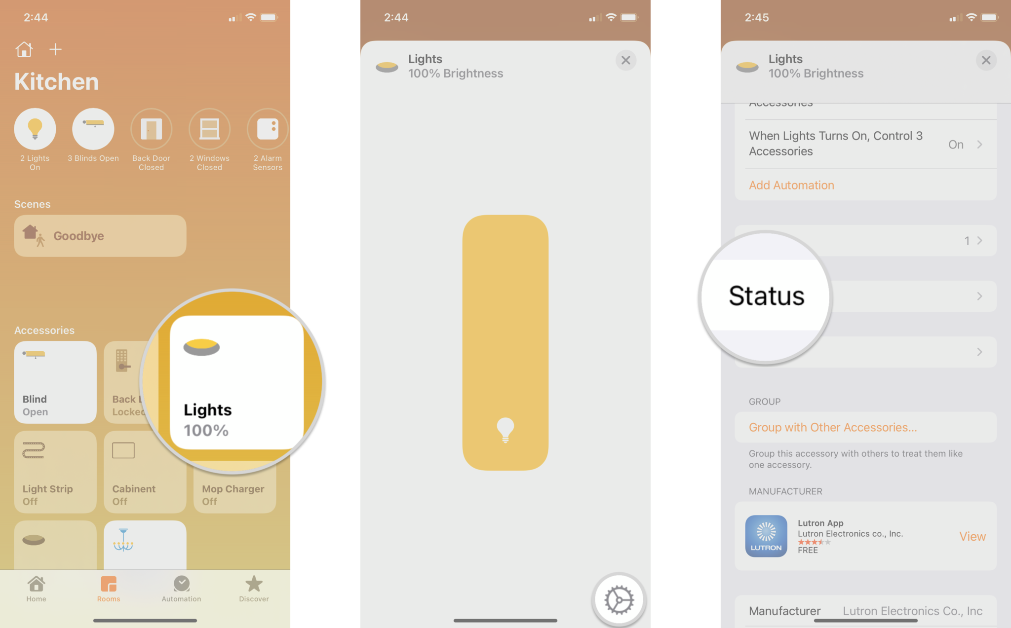How to monitor and adjust the status of HomeKit accessories on an iPhone by showing steps: Tap and hold on an Accessory, Tap the Settings icon, Tap Status