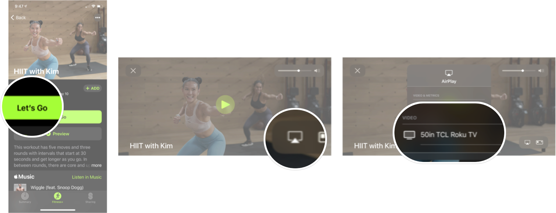 How To Airplay Fitness Plus Workout to your TV: Tap Let's Go, tap the AirPLay button, and then tap the device you want to AirPlay. 
