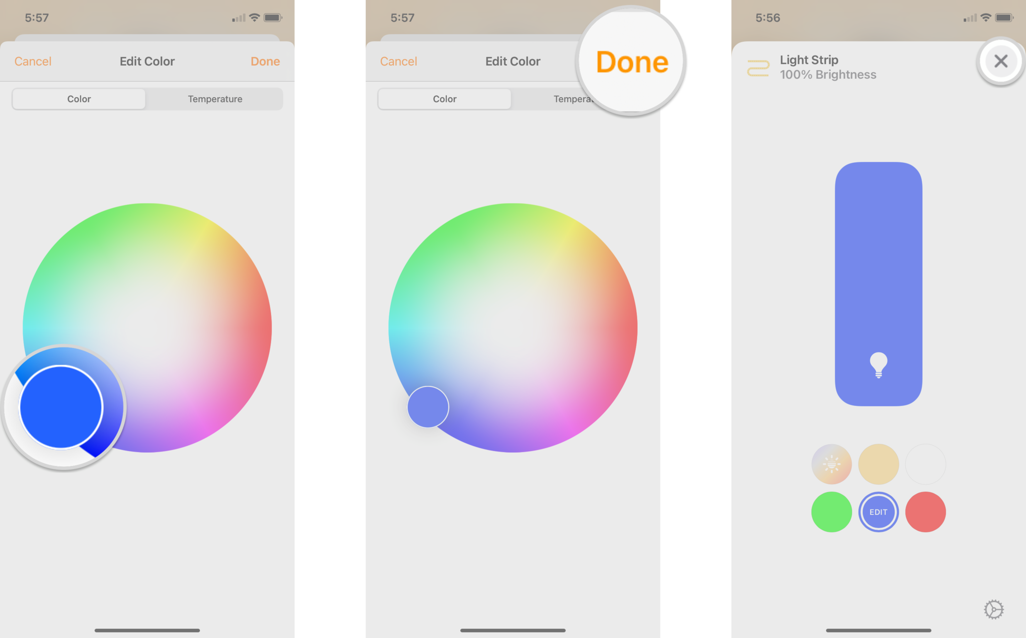 How to set a custom color for HomeKit lights in the Home app on iPhone by showing steps: Tap and drag the Color Picker to your desired color, Tap Done, Tap the X button to save your selection