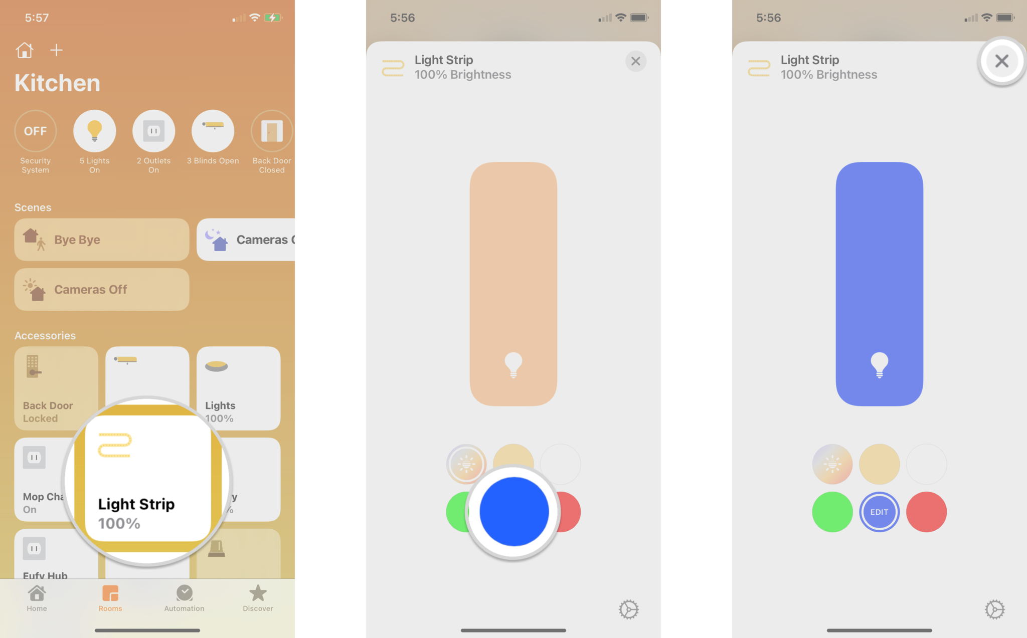 How to set a preset color for HomeKit lights in the Home app on iPhone by showing steps: Tap and hold on your Light, Tap a preset color, Tap the X to save your selection