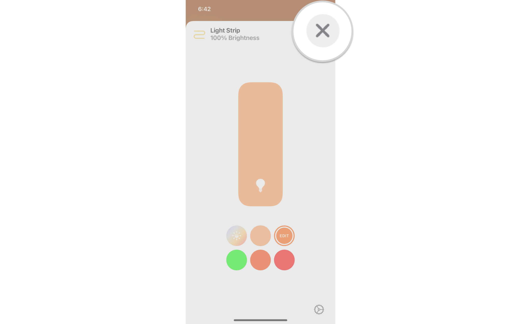 How to set color temperature for HomeKit lights in the Home app on iPhone by showing steps: Tap the X button to save your selection