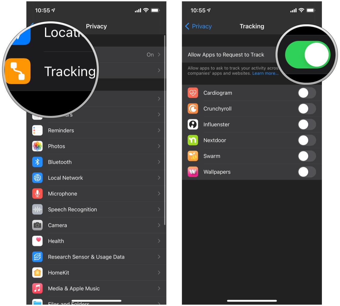 Enable App Tracking Transparency on iPhone by showing: Tap Tracking, tap toggle for Allow Apps to Request to Track to ON