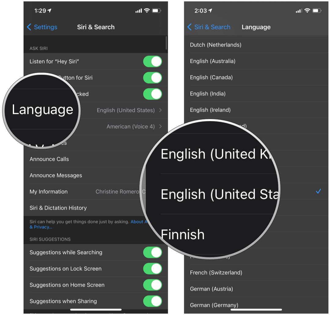 How to change SIri's Language on iPhone by showing: Tap Language, tap a language you want to use