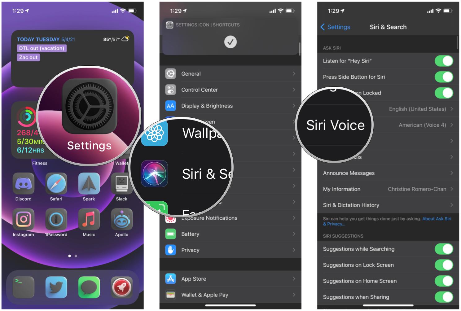 How to change Siri's voice on iPhone by showing: Launch Settings, tap Siri & Search, tap Siri Voice