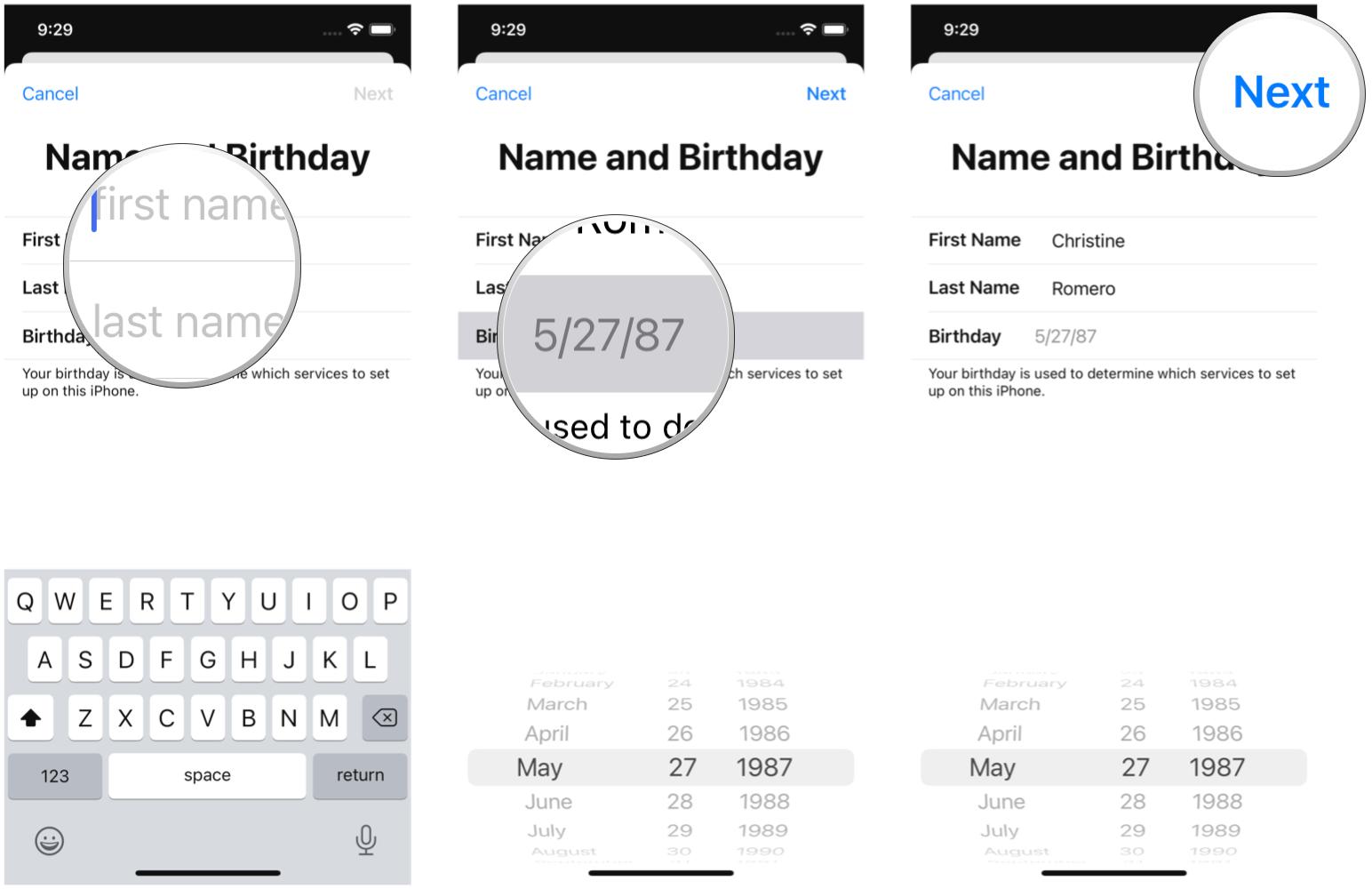 Create a new Apple ID on iPhone by showing: Enter your first and last name, then select your birthday, then tap Next