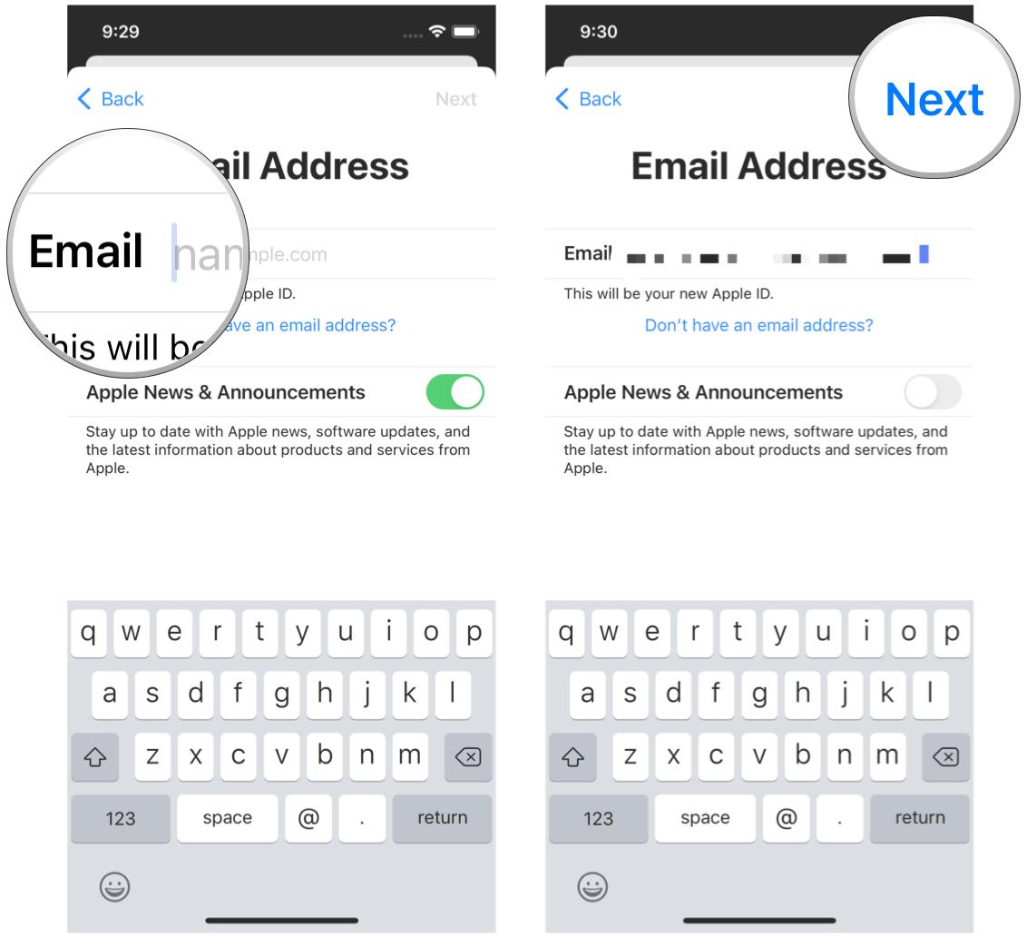Create a new Apple ID on iPhone by showing: Type in the email you want to use or create a new iCloud email, choose if you want Apple News & Announcement emails, then tap Next