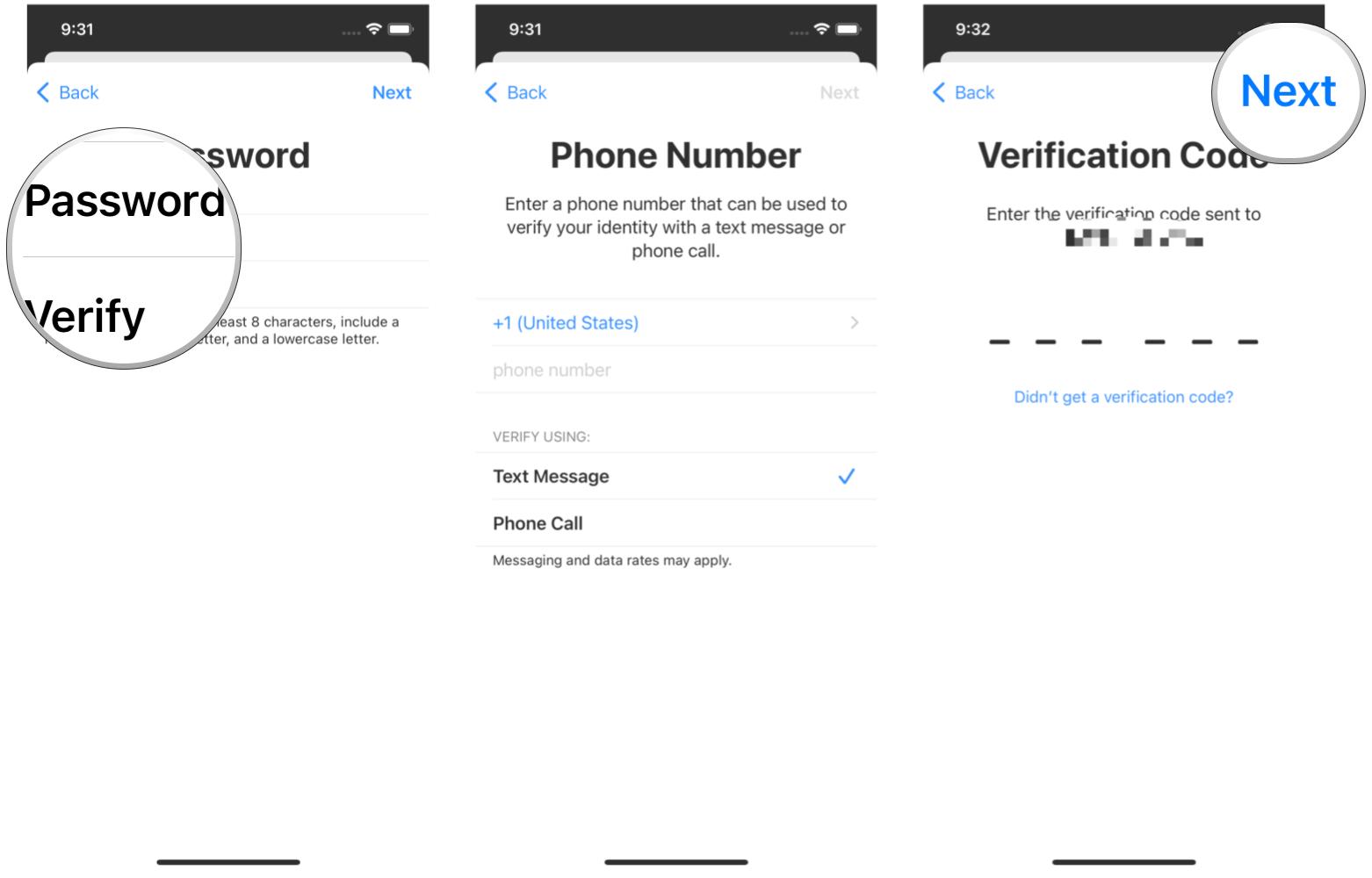 Create a new Apple ID on iPhone by showing: Create a password, verify the password, input a phone number to get a verification code, input the verification code