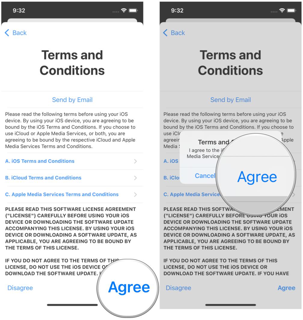 Create a new Apple ID on iPhone by showing: Agree to the terms and conditions, tap Agree again to confirm