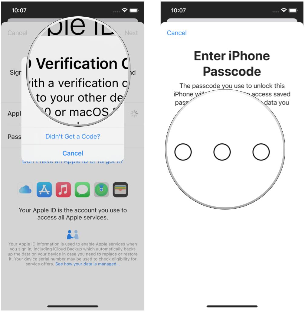 Sign in to iCloud with an existing Apple ID on iPhone by showing:  Input your verification code if 2FA is enabled, then input your device passcode