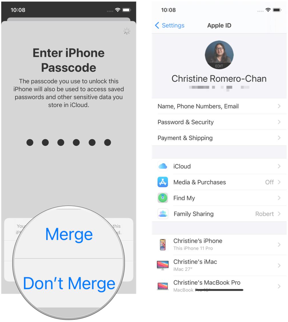 Sign in to iCloud with an existing Apple ID on iPhone by showing: Select whether you want to Merge or Don't Merge data with iCloud, then tap iCloud and customize what iCloud services you want to use