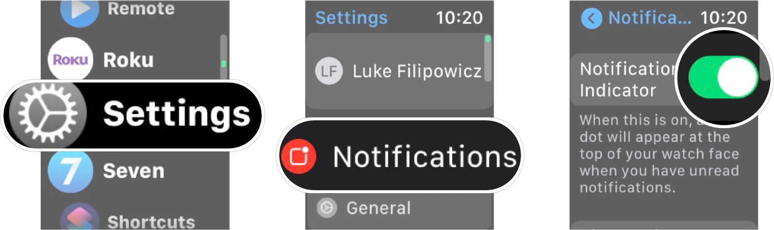Managing Notifications On Apple Watch: Launch settings, tap notifications, and then tap the notifications indicator on/off switch.