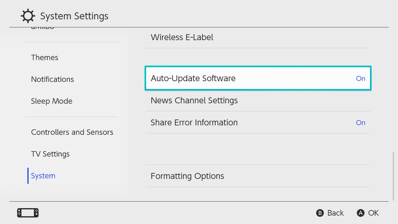 Para actualizar el software de su Nintendo Switch: Desplácese hacia abajo para ver el software de actualización automática a la derecha