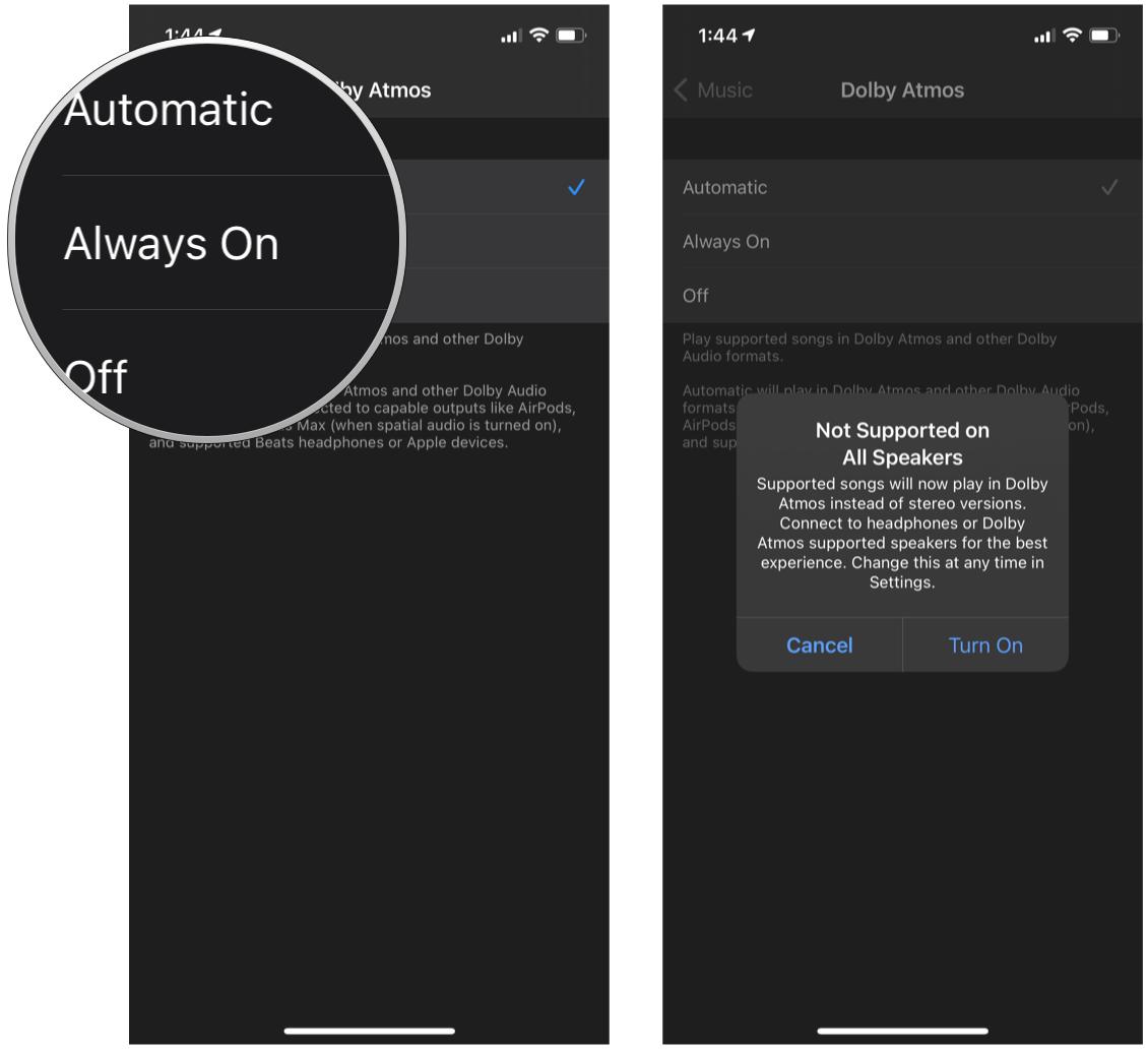Turn on Apple Music Dolby Atmos Spatial Audio on iPhone by showing: Tap if you want Automatic (default), Always On, or Off. Keep in mind that Always On replaces Stereo quality on all headphones, even those that don't enhance Dolby Atmos quality