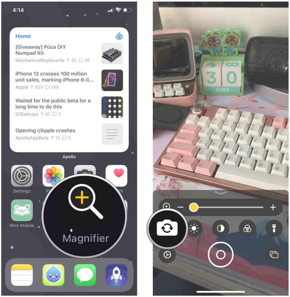 Switch cameras in Magnifier on iOS 15 by showing: Launch Magnifier, tap Camera
