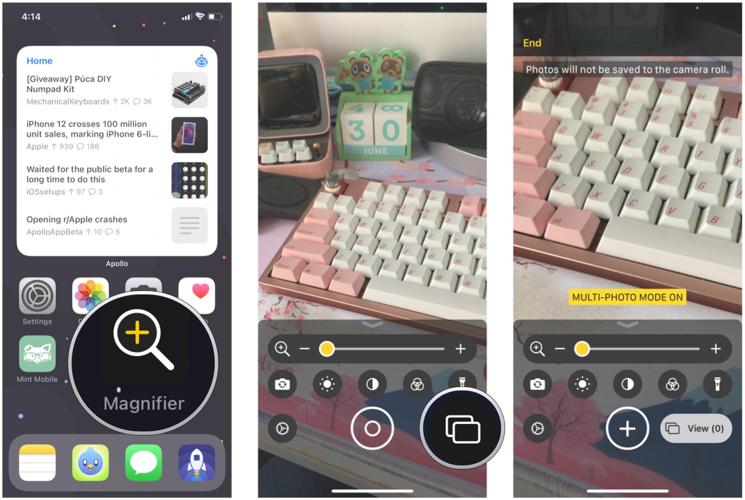 How to enable Multi-Photo mode in Magnifier with IOS 15 by showing: Launch Magnifier, tap Multi-Photo Mode in the bottom right