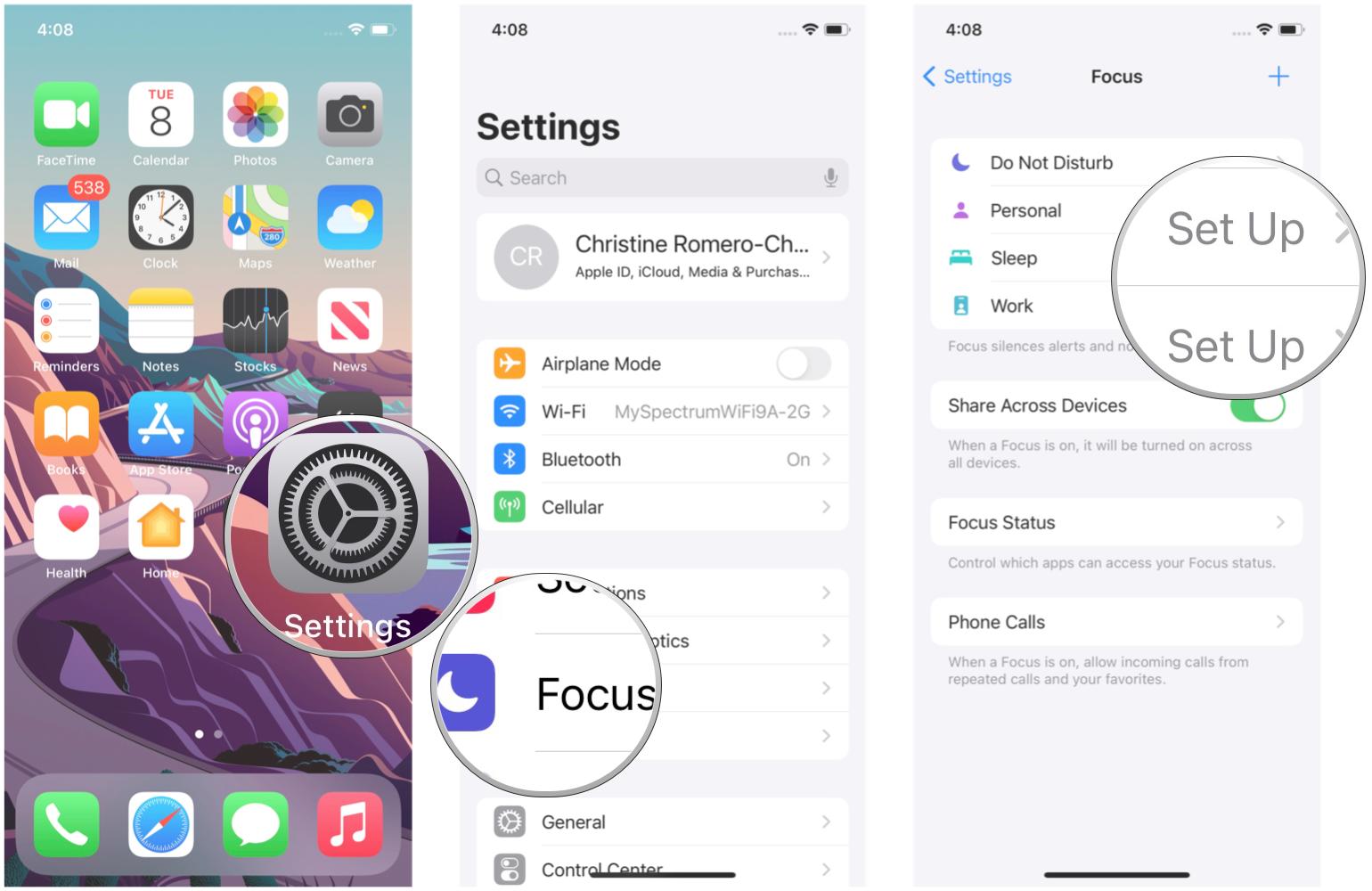 Set up a Focus on iPhone by showing: Launch Settings, tap Focus, tap a Focus to set up or create a new one