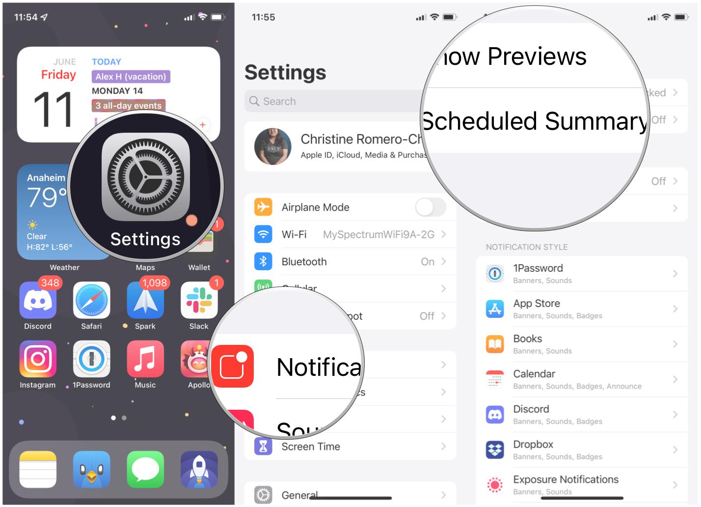 Set up Notification Summary on iPhone by showing: Launch Settings, tap Notifications, tap Scheduled Summary