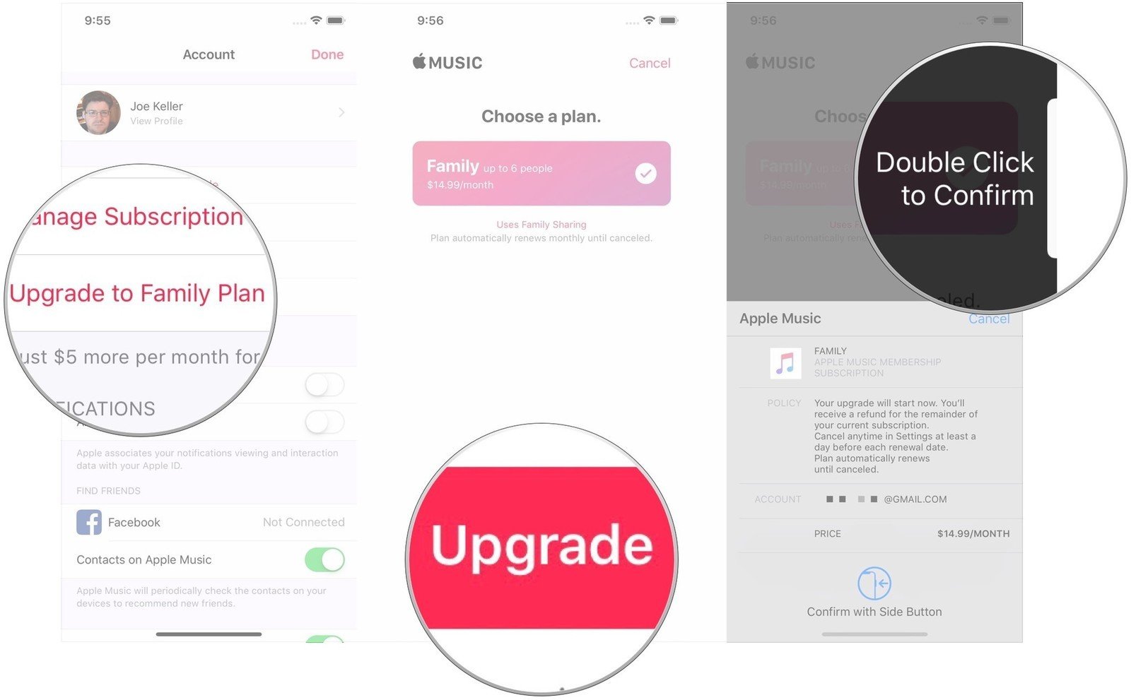 Move from indiviudal Apple Music plan to Family Plan on iPhone by showing: Tap Upgrade to Family Plan, tap Upgrade, cofirm purchase