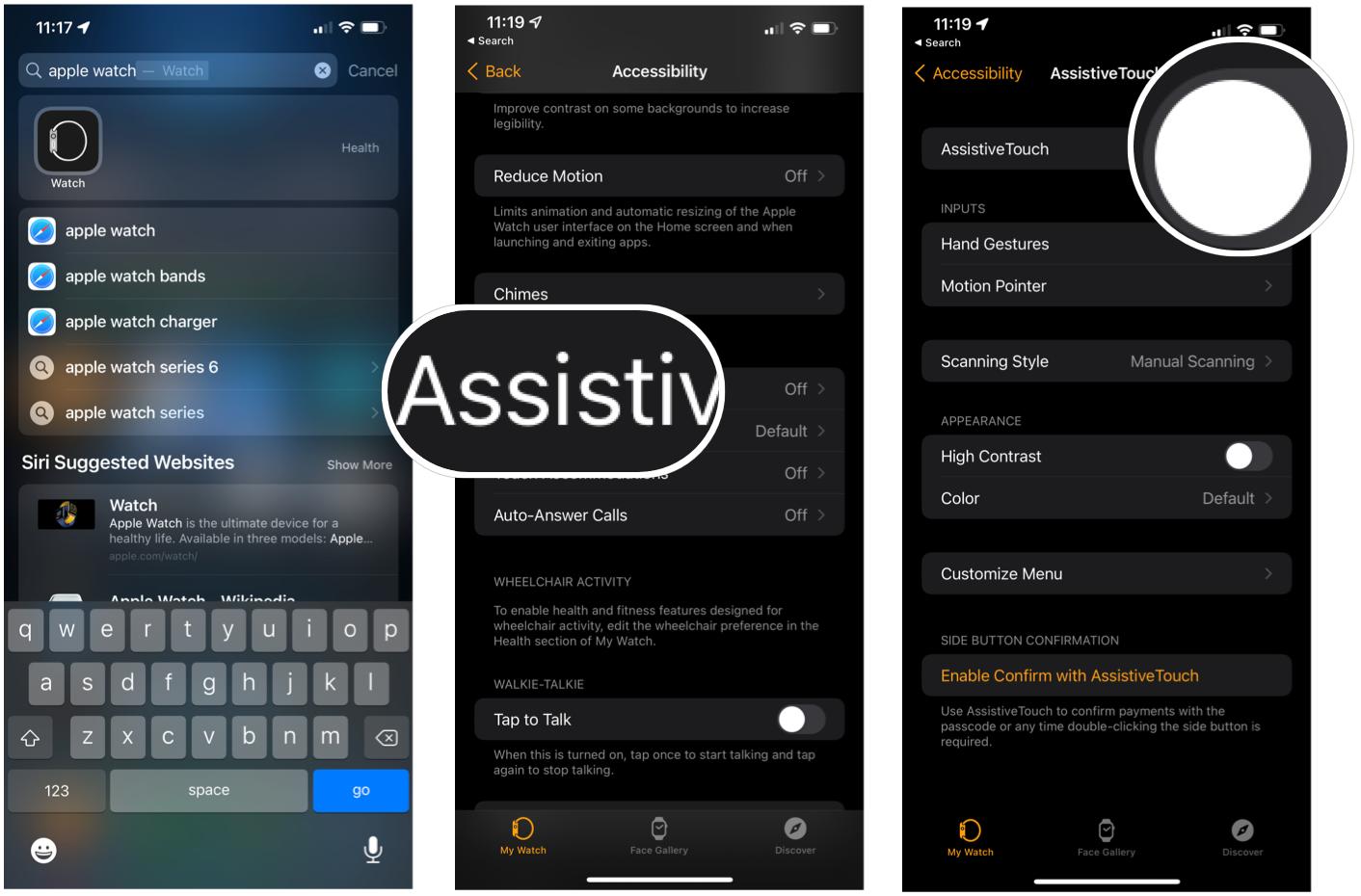 Pour configurer AssistiveTouch sur Apple Watch, appuyez sur l'application Apple Watch sur votre iPhone.  Choisissez Accessibilité, puis AssistiveTouch.  Activez AssistiveTouch.