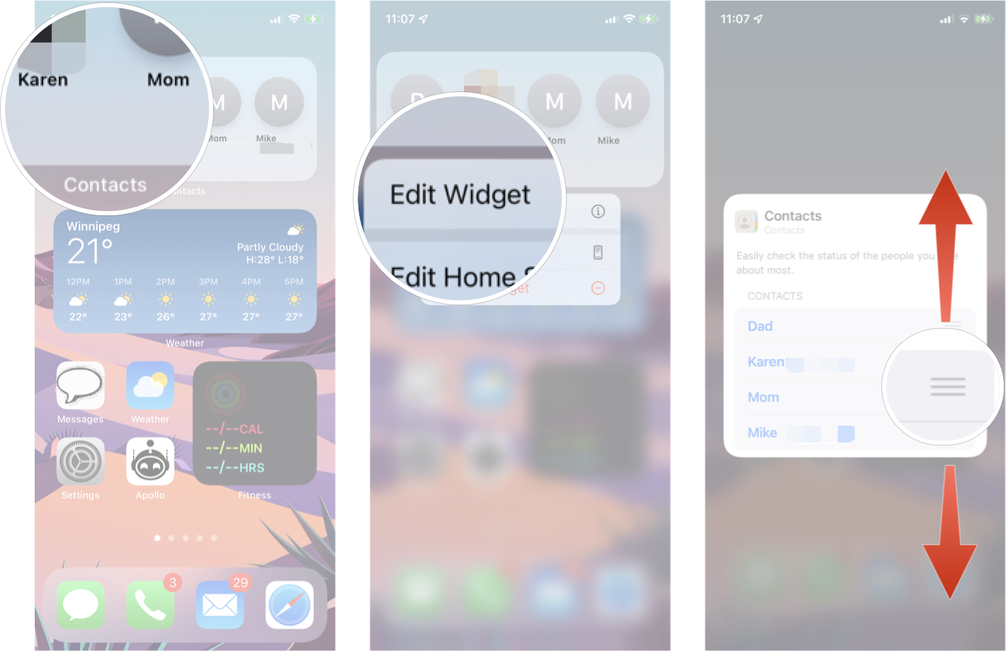 Edit Contacts Widget In IOS 15: Long press the contacts widget, tap edit widget, and then tap and drag the re-order button to the position you want.  