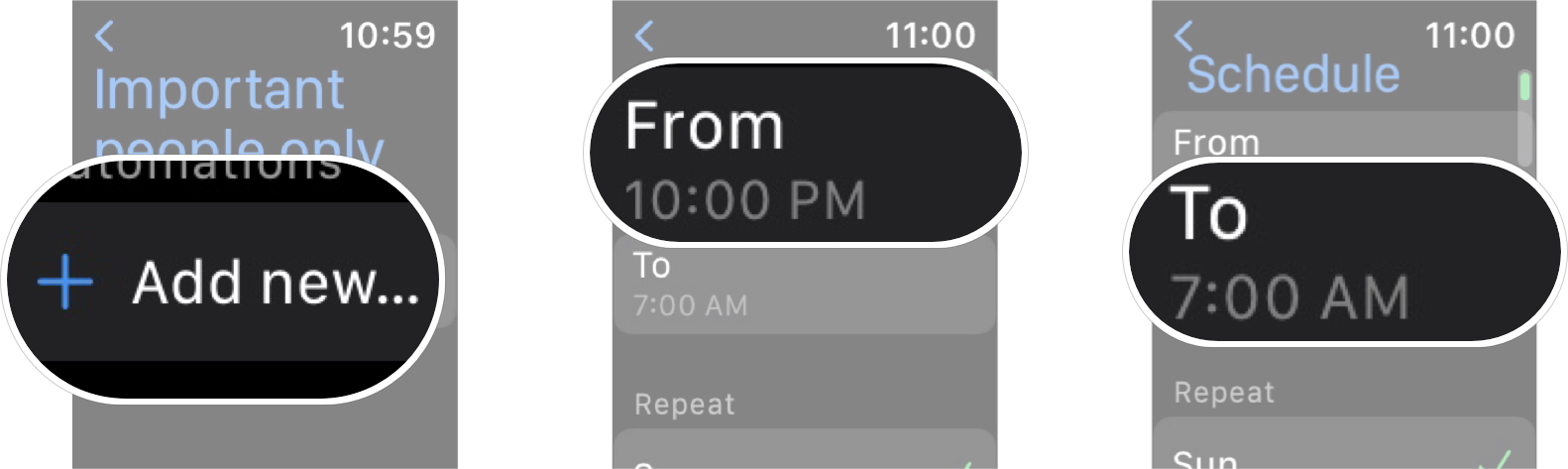 How To Create Custom Schedule For Focus In watchOS 8: Tap Add new, tap from to set the start time, and then tap To to set the end time.