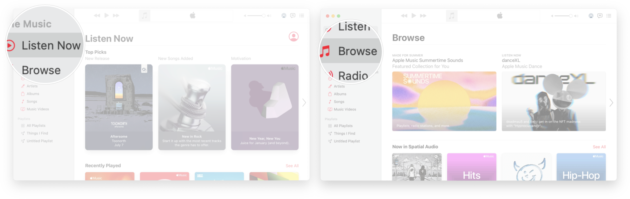 How To Navigate Music In macOS Big Sur: Launch Music, click For You, or click browse.