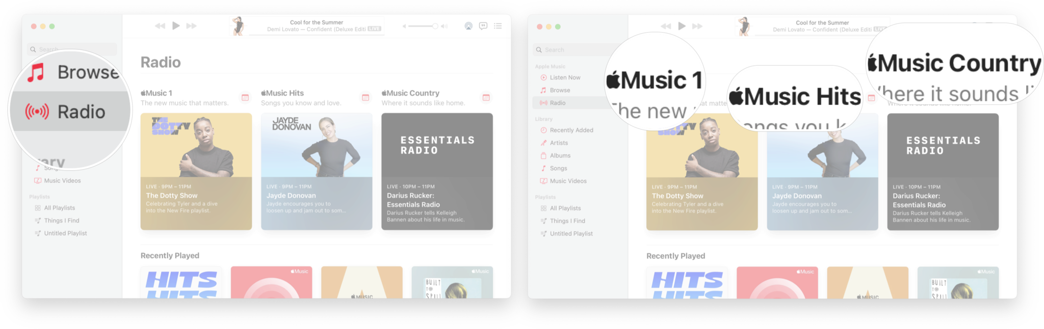 How To Navigate Music In macOS Big Sur: Click Radio for the Radio sections, and click on the station you want to play. 