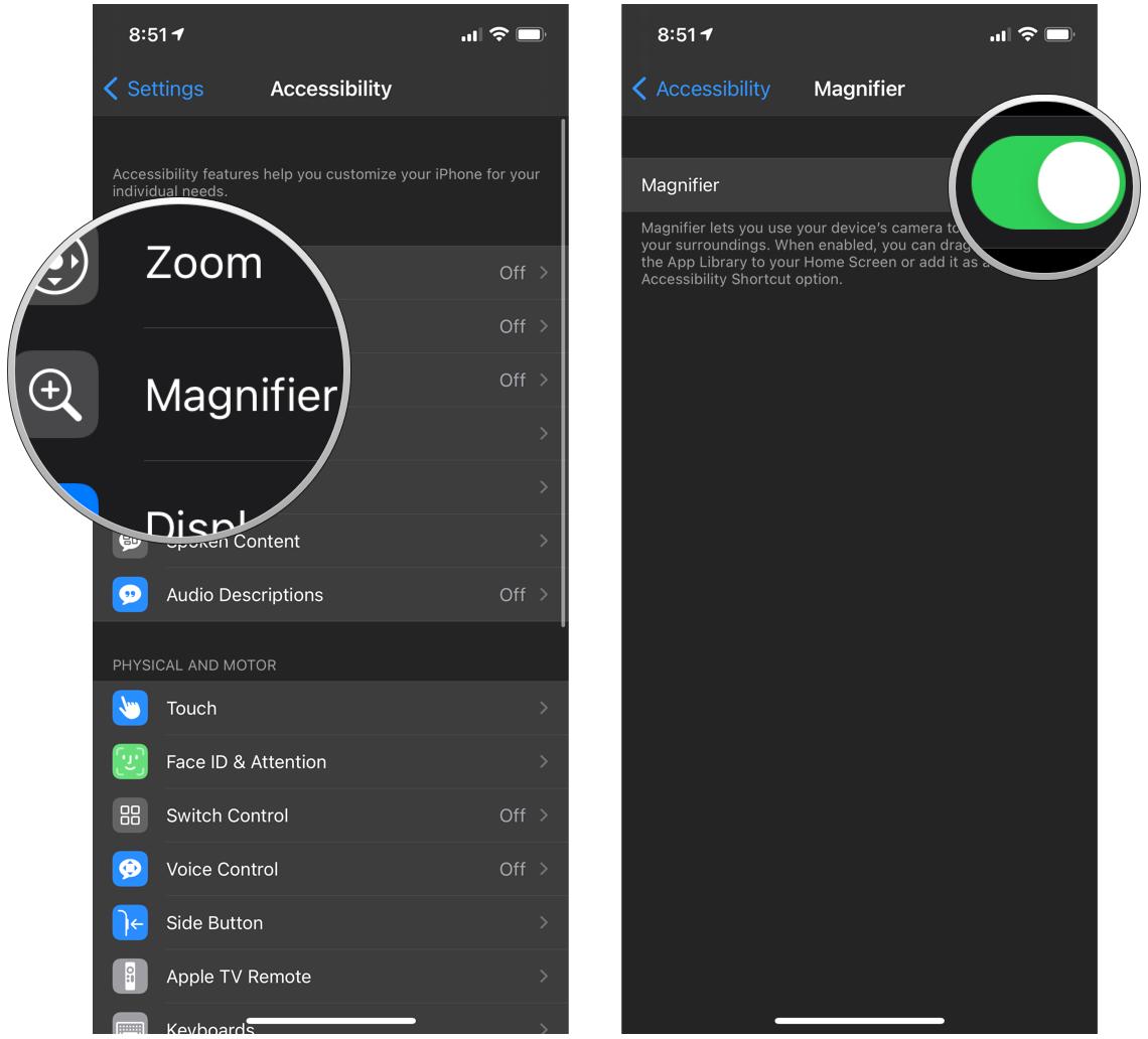 Enable Magnifier on iOS 14 by showing: Tap Magnifier, turn the toggle to ON