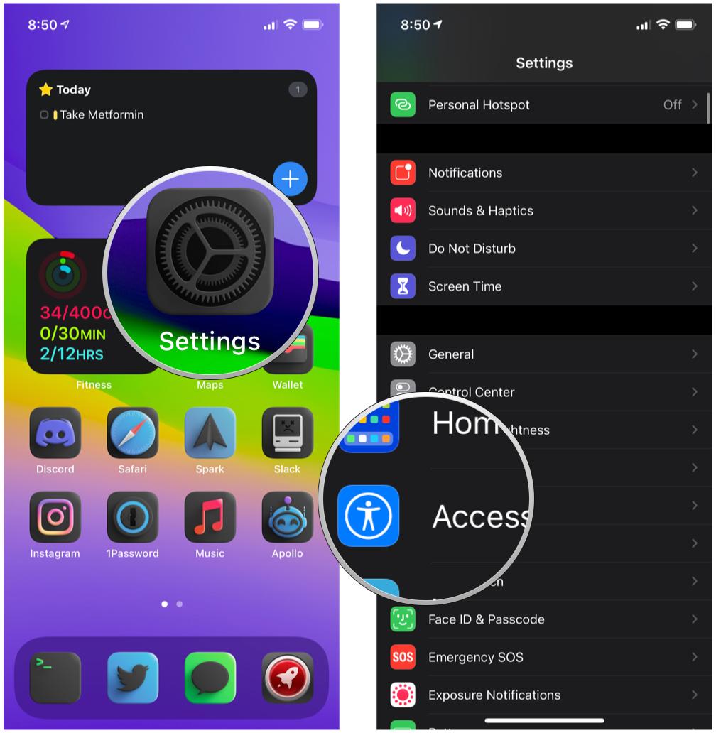 Enable Magnifier on iOS 14 by showing: Launch Settings, tap Accessibility