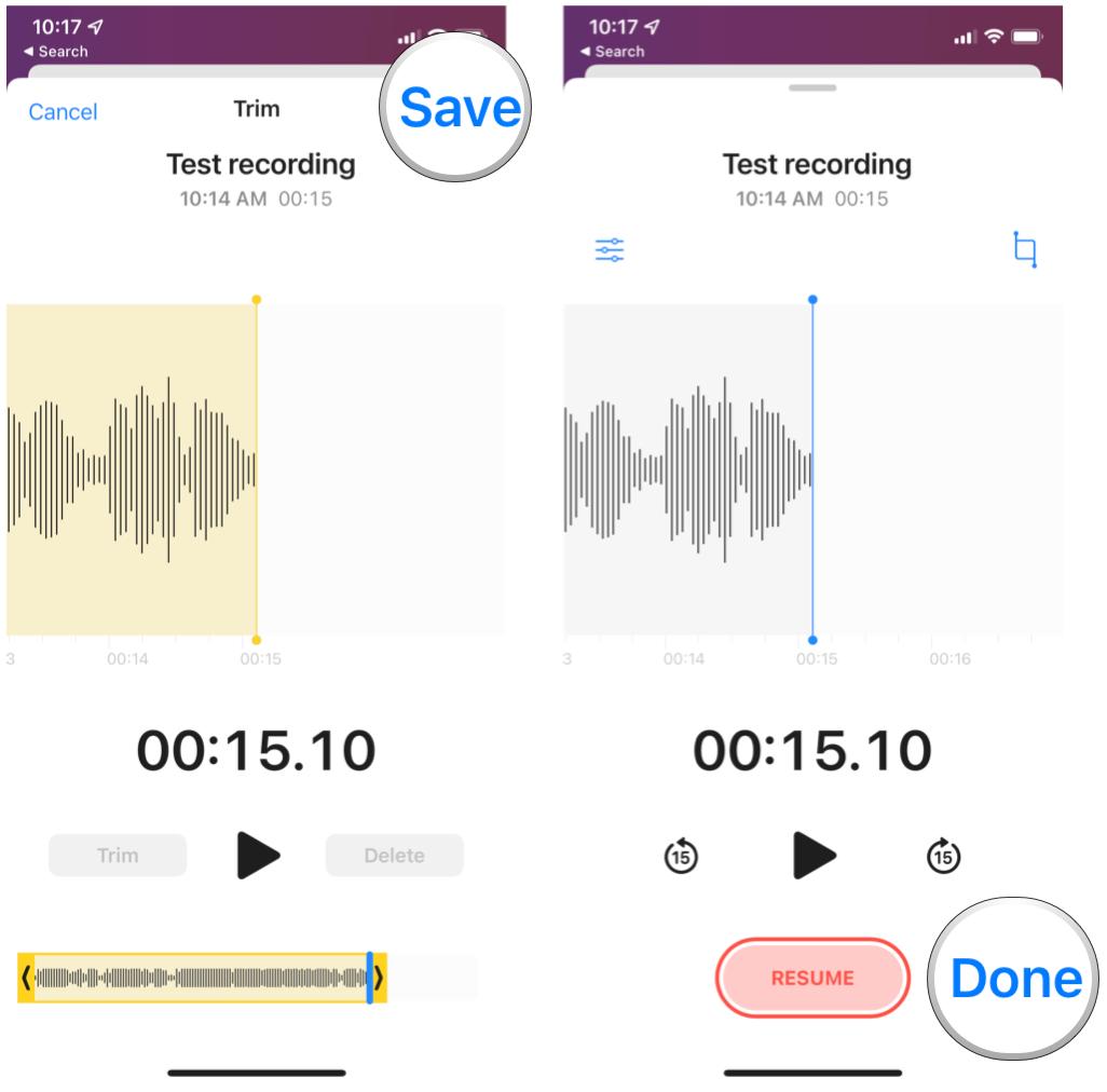 Trim voice memos on iPhone by showing: Tap Save, tap Done