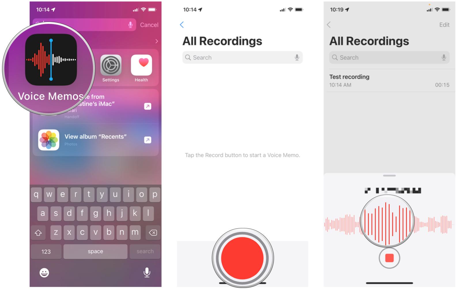 Record voice memos on iPhone by showing: Launch Voice Memos, tap Record, record your audio, tap anywhere to bring up more controls