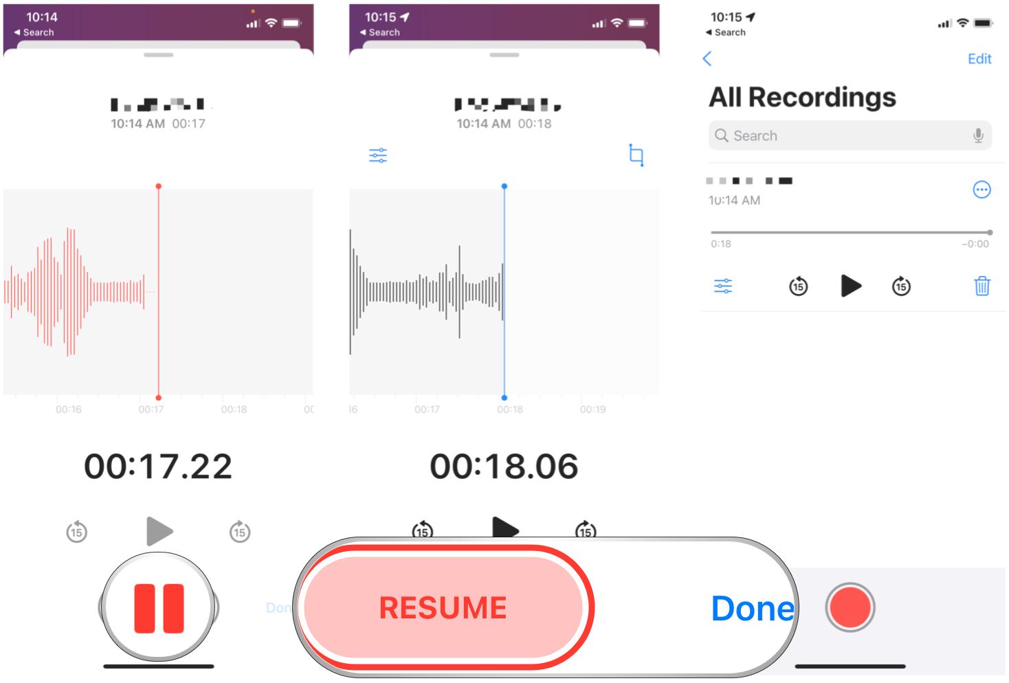 Record voice memos on iPhone by showing: Tap Pause if needed, tap Resume to pick up your recording, or tap Done to save