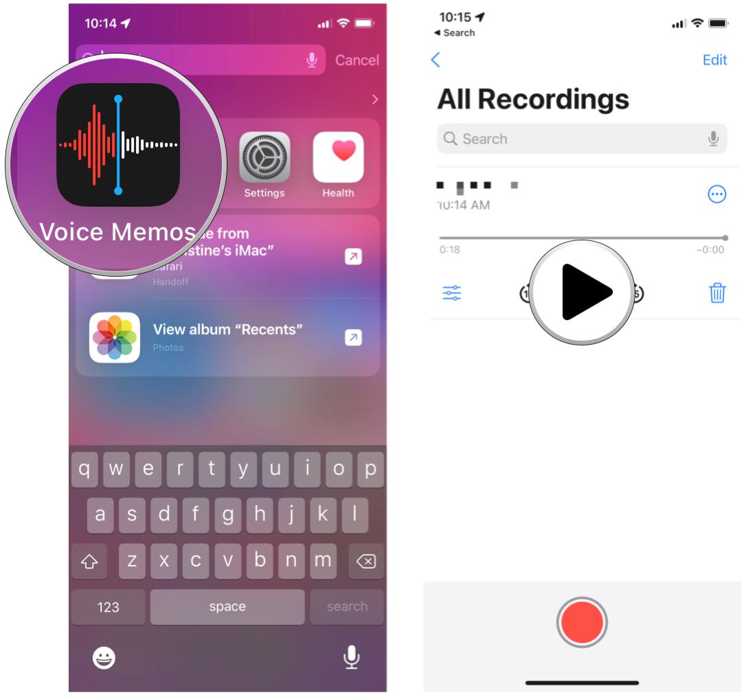 Listen to a voice memo on iPhone by showing: Launch Voice Memos, select recording, tap Play
