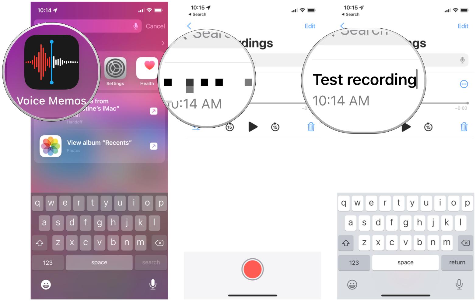 Rename a voice memo on iPhone by showing: Open Voice Memos, tap recording name, input new name