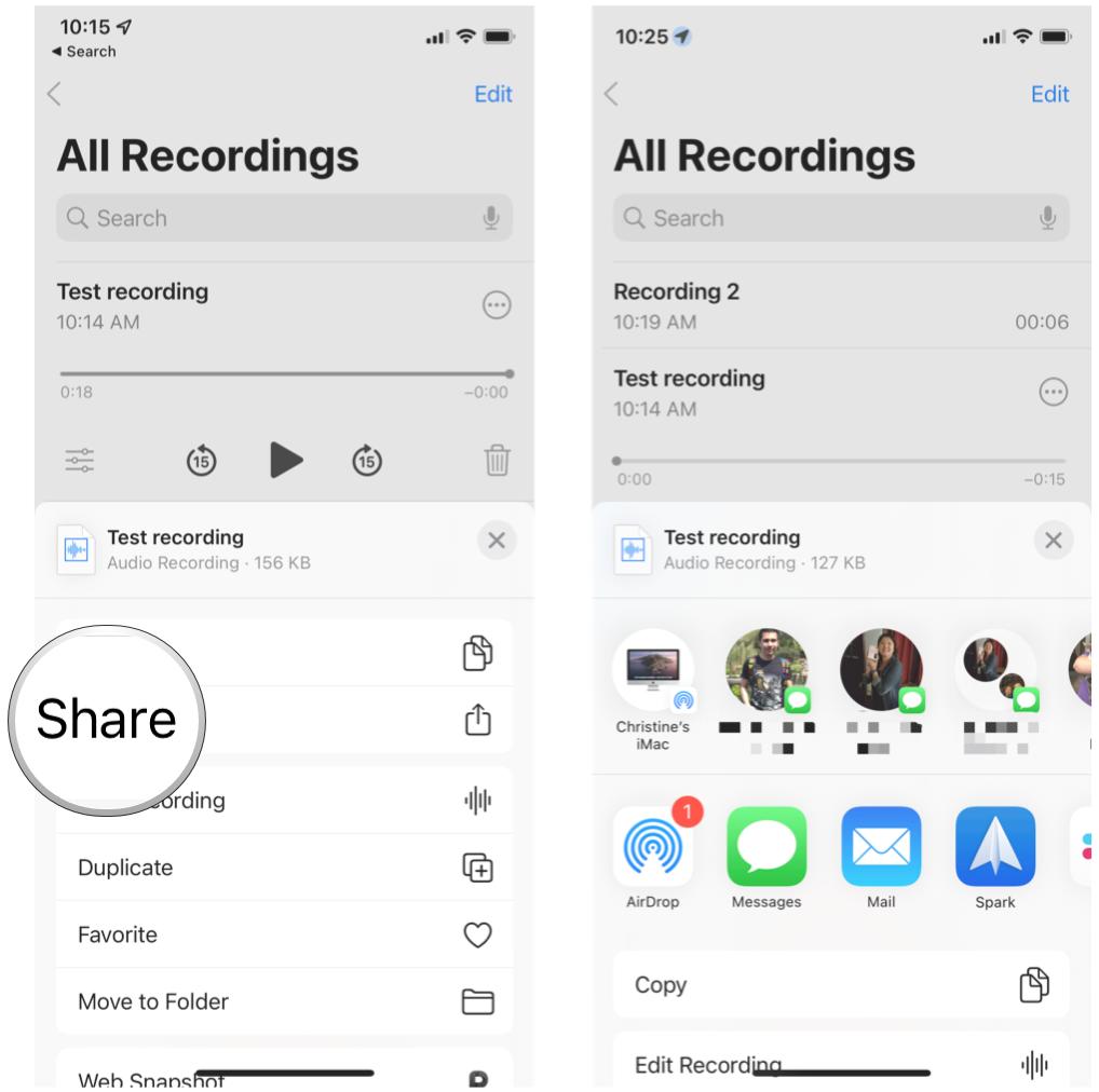 Share a voice memo on iPhone by showing: Tap Share, select sharing method