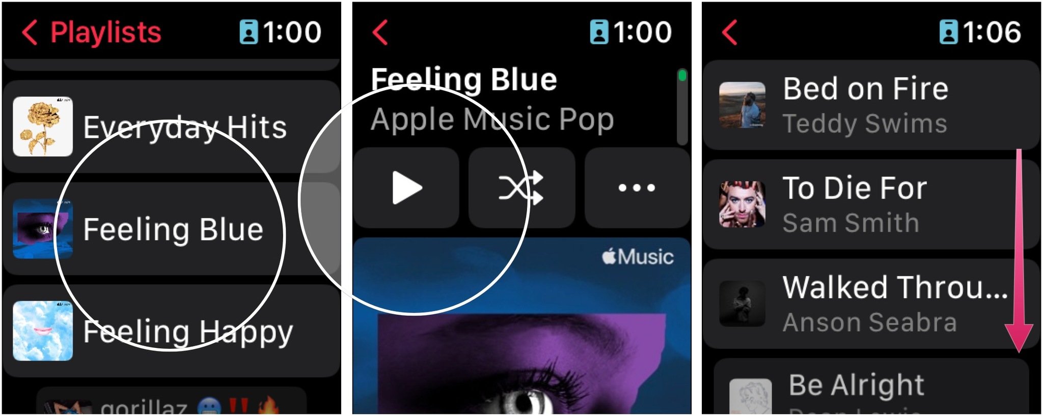 To listen to music directly from Apple Watch, tap a category, then tap press the Play button. Scroll down to select another song from the category.