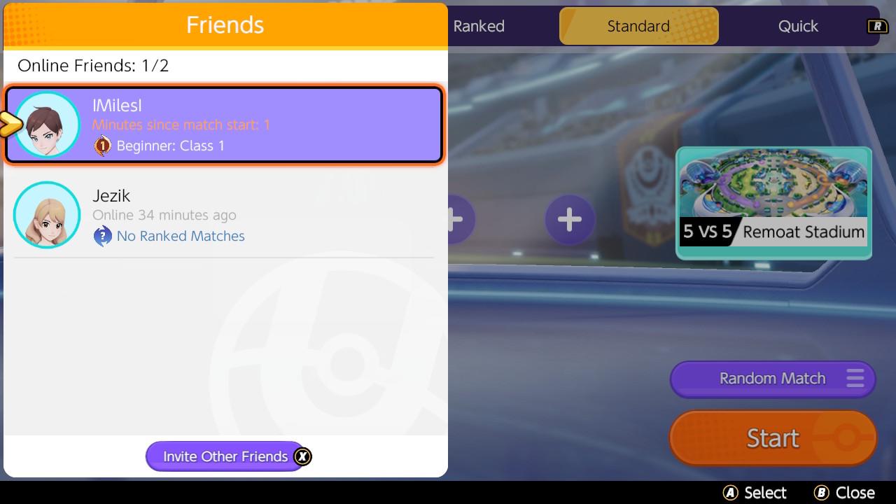 How to invite friends to Pokémon Unite on the Nintendo Switch: Select one of the plus signs around your character, or press the Y button to open up your friends list.