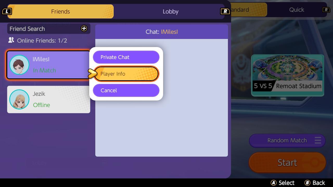 How to invite friends to Pokémon Unite on the Nintendo Switch: Choose the person you want to invite, and select Player Info.