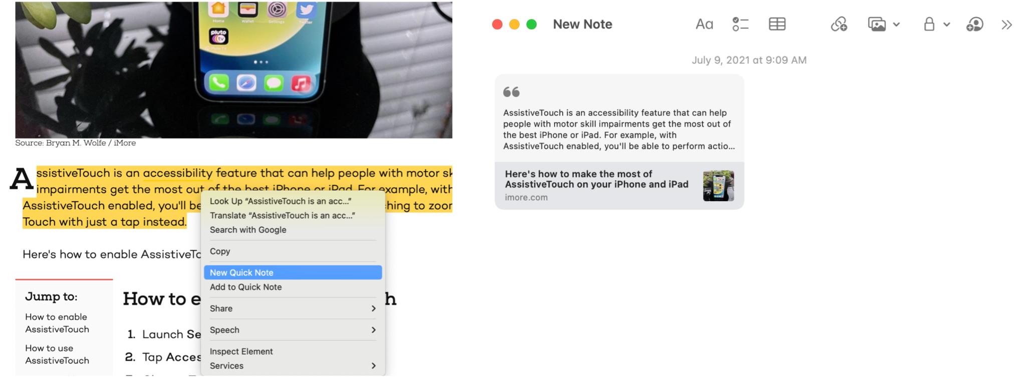 To add a Safari highlight to a Quick Note, go into Safari and copy the text you wish to highlight. Right-click then choose New Quick Note or Add to Quick Note