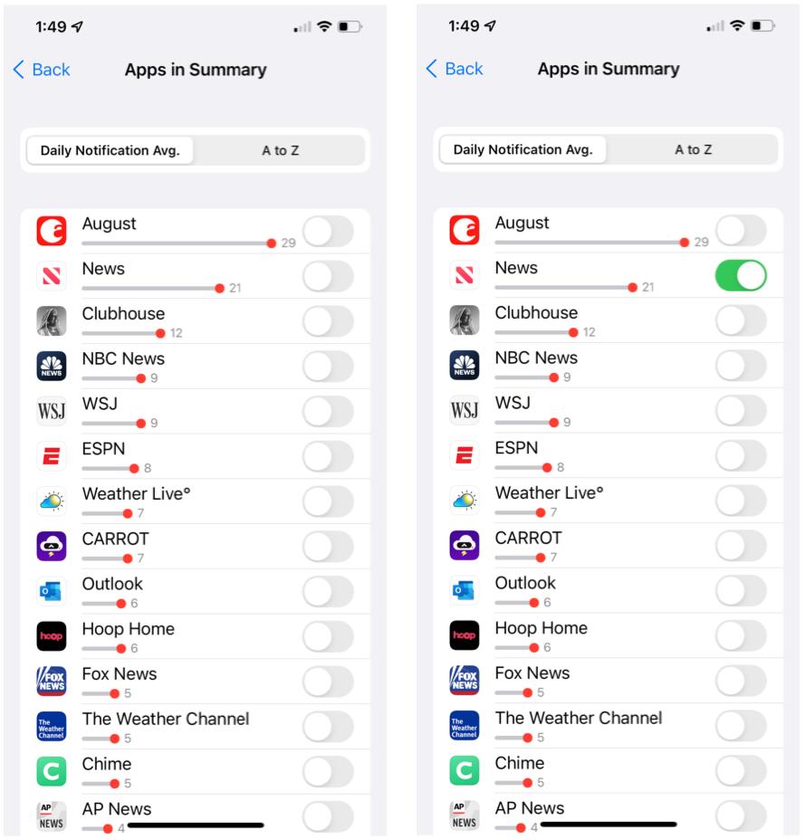 To use Immediate Delivery and Scheduled Summary in iOS 15, choose Apps in Summary, then toggle on/off each app