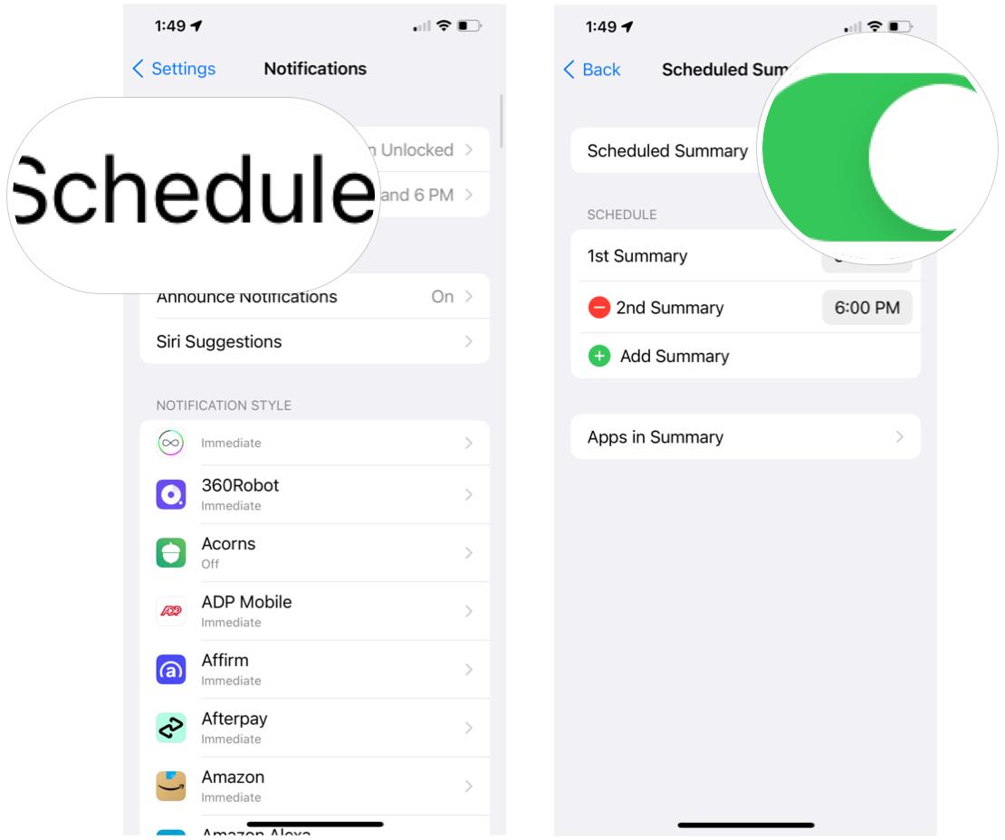 To use Immediate Delivery and Scheduled Summary in iOS 15, select Scheduled Summary then toggle Scheduled Summary