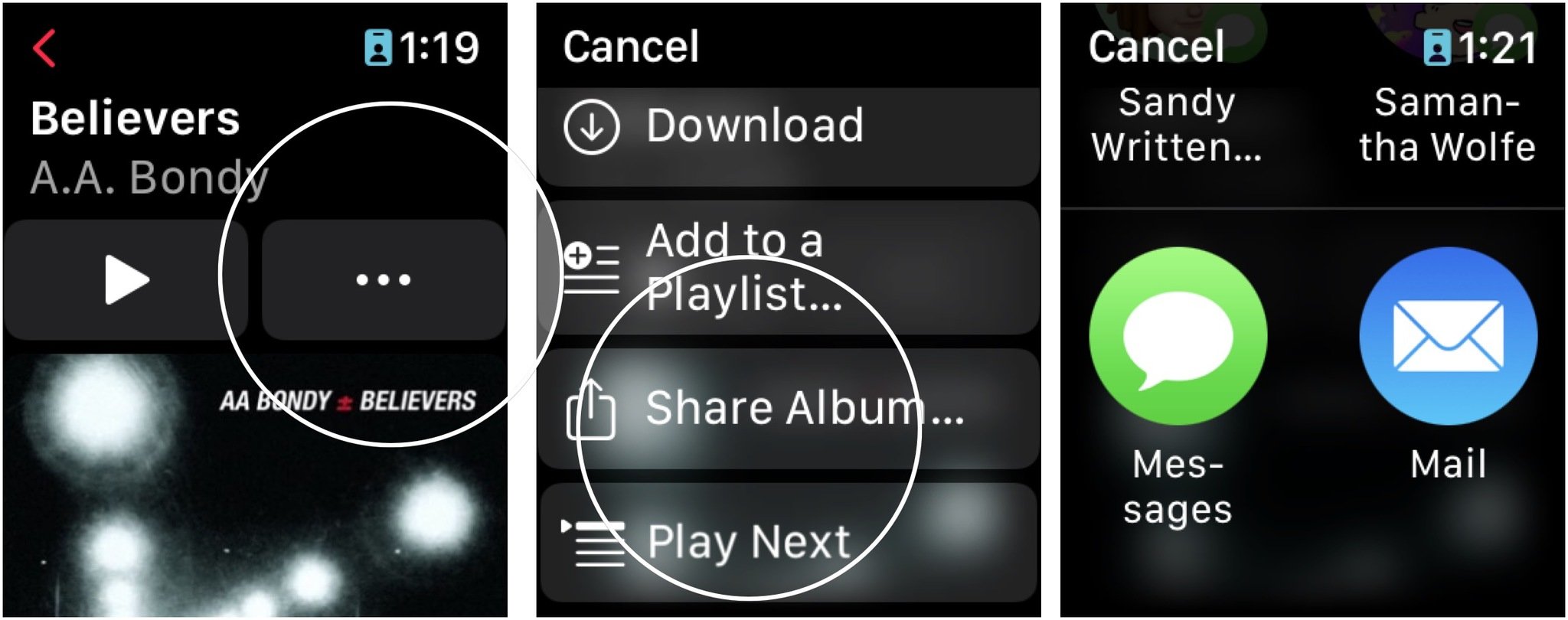 Share content via Messages and Email, tap a category and select the content you wish to share, then choose the ... box next to the Play button. Tap Share album, then choose Messages or Email to share the song. 