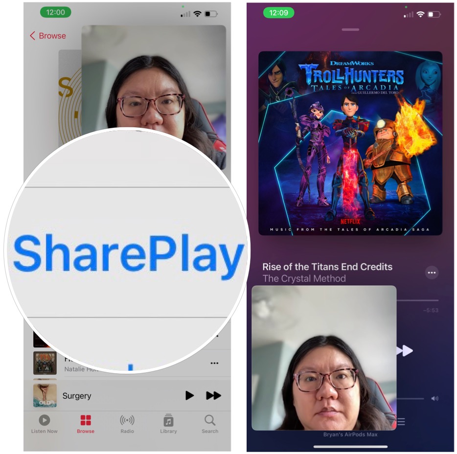 Pour écouter avec SharePlay, accédez à l'application musicale prise en charge, puis sélectionnez SharePlay dans le menu contextuel.  Commencez à lire votre contenu.  