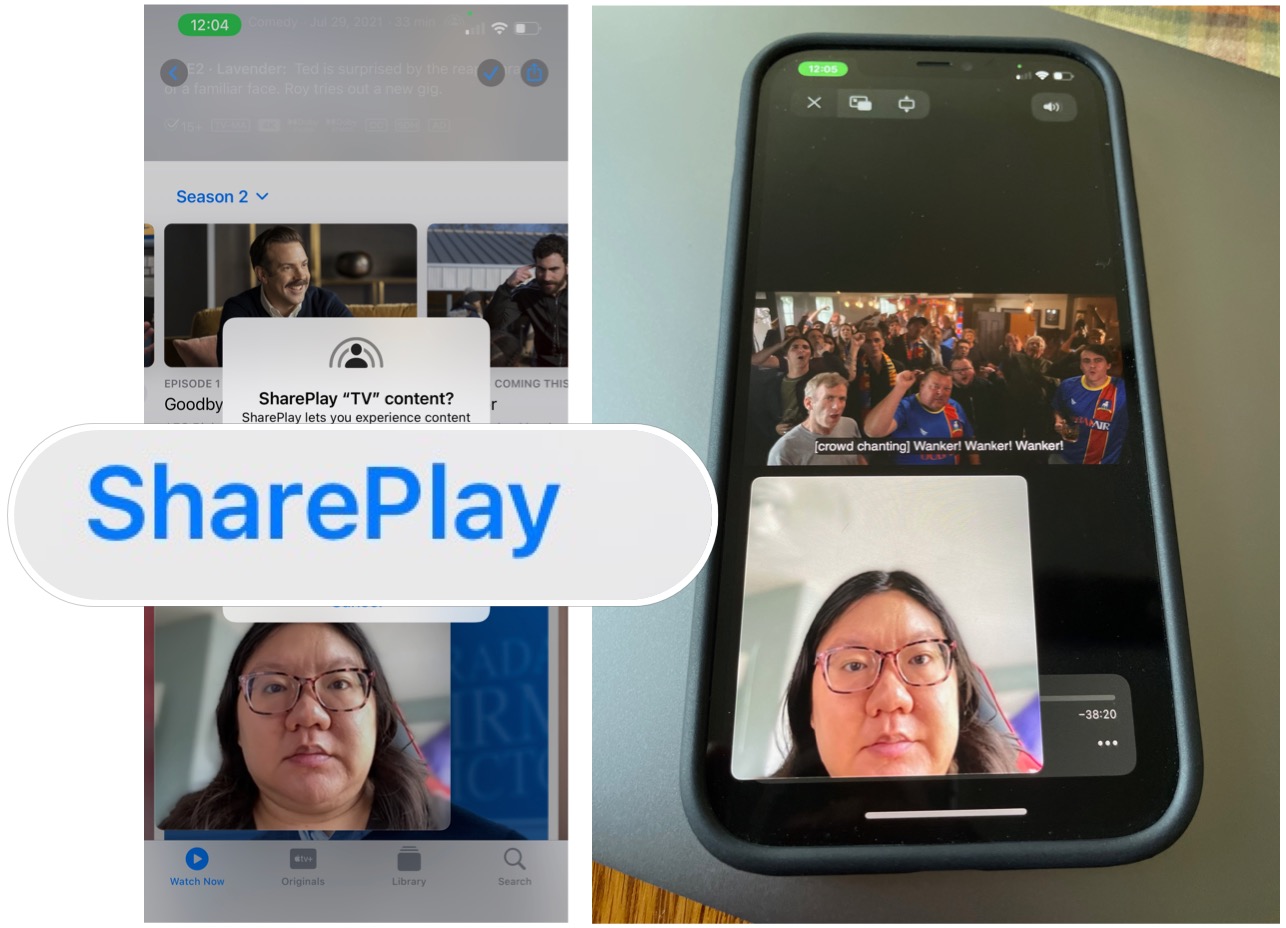 Pour regarder avec SharePlay, accédez à l'application vidéo prise en charge, telle que Apple TV.  Sélectionnez SharePlay dans le menu contextuel.  Commencez à lire votre contenu.