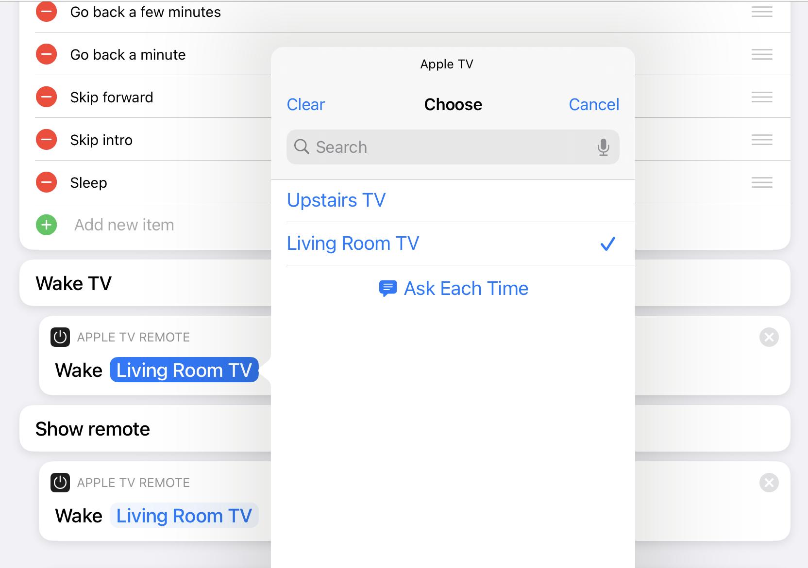 Cropped screenshot showing an Apple TV action with a menu specifying which TV on the network.