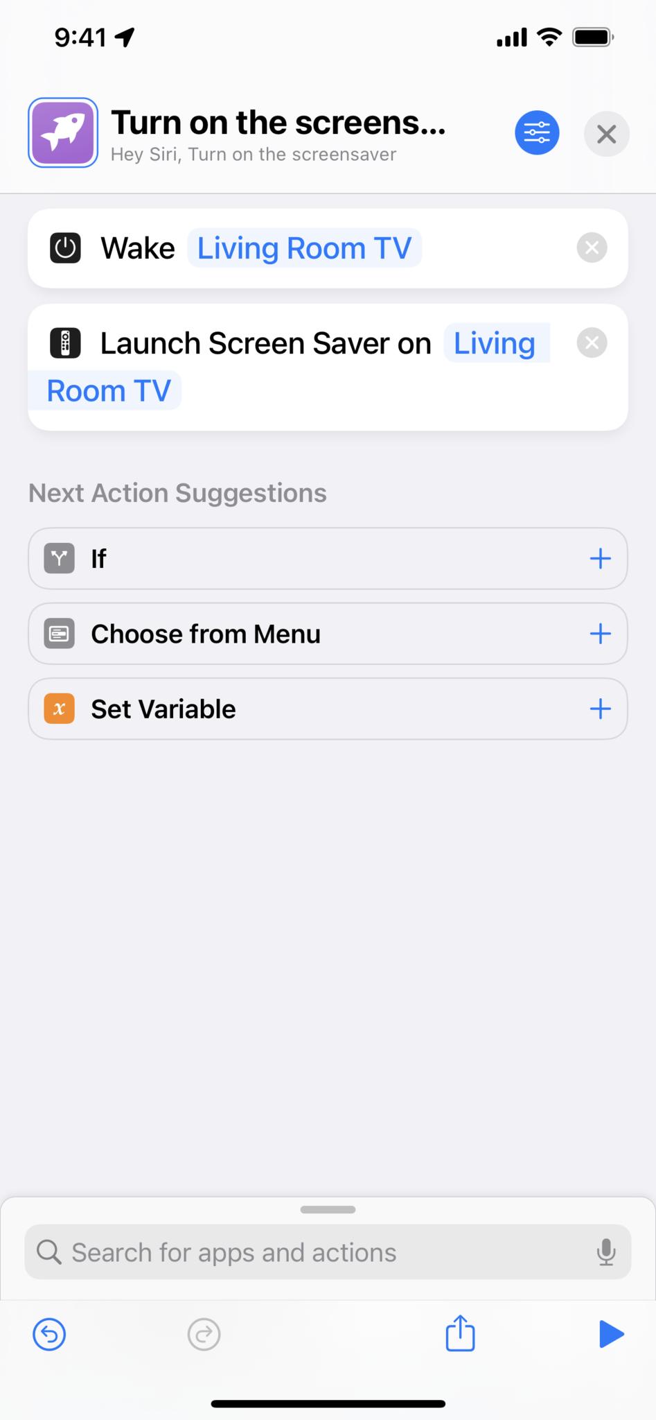 Screenshot showing single shortcut with Wake TV and Launch Screen Saver.