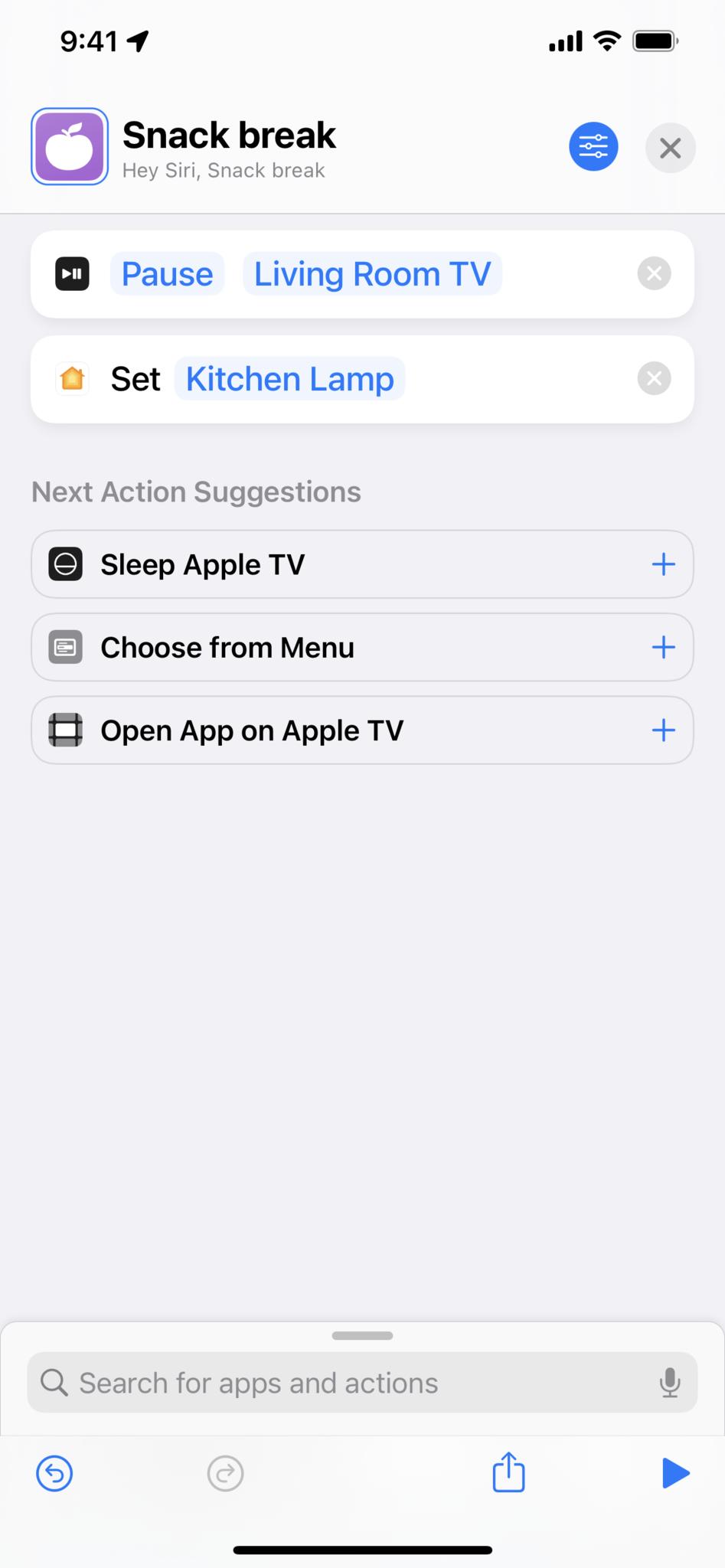 Screenshot showing a "Snack Break" shortcut with a Pause action and Control Home set to control the Kitchen Lamp.