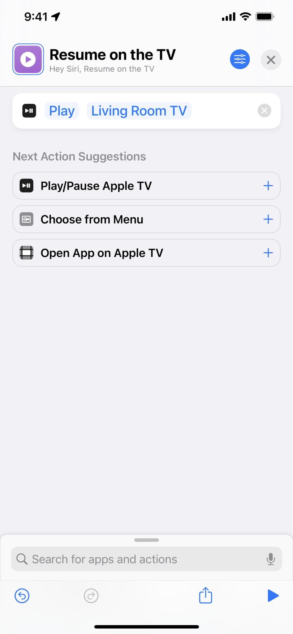 Screenshot of a shortcut named "Resume on the TV" with a Play Apple TV action.