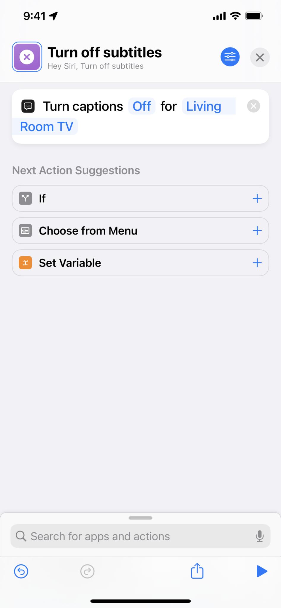 Screenshot of a "Turn off subtitles" shortcut that turns captions off.