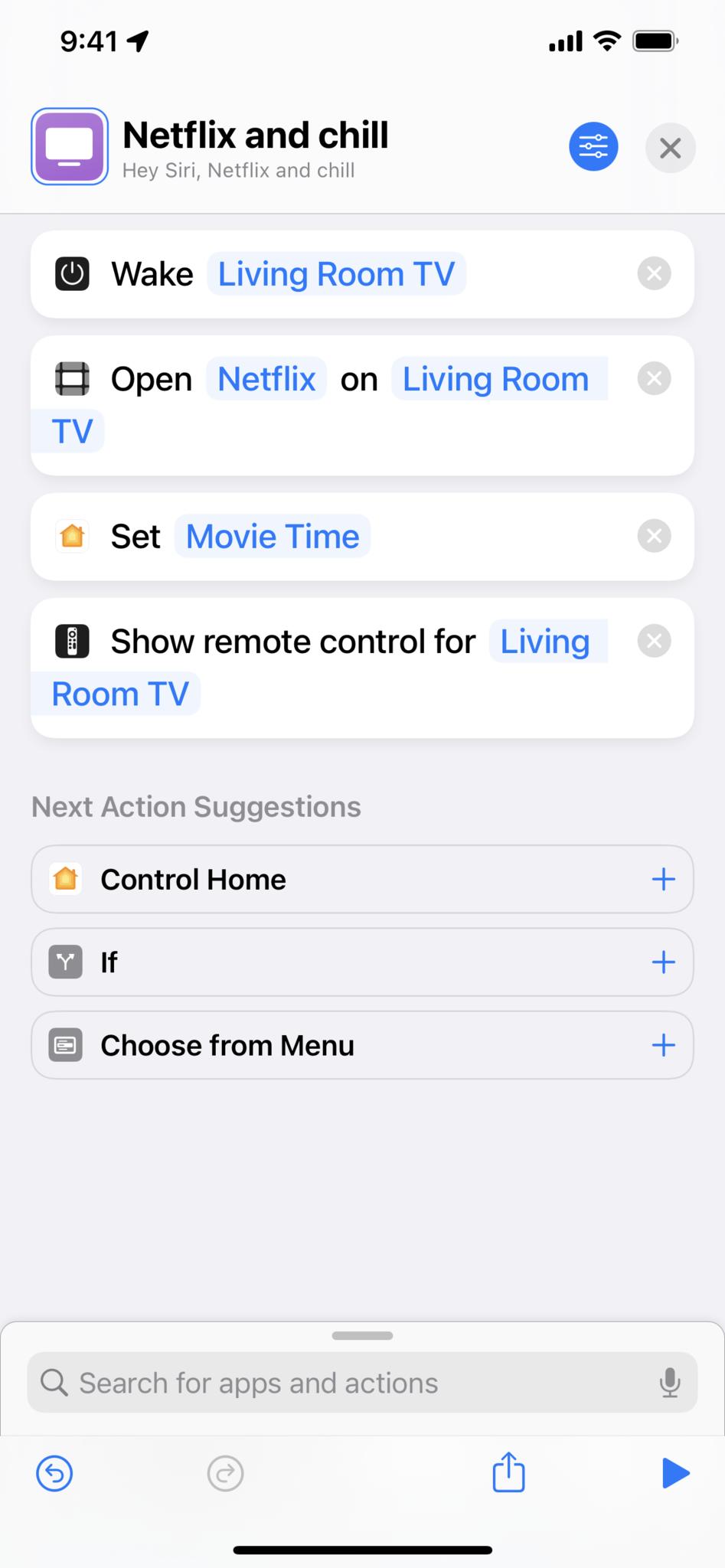 Screenshot of a Netflix and Chill shortcut that wakes the TV, opens Netflix, turns on Movie Time, and shows the remote.
